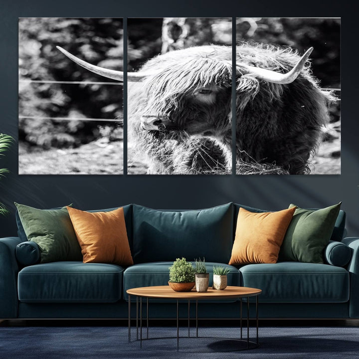 Highland Cow Canvas Wall Art – Black and White Minimalist Triptych – Rustic Farmhouse Decor for Living Room or Office – Ready to Hang