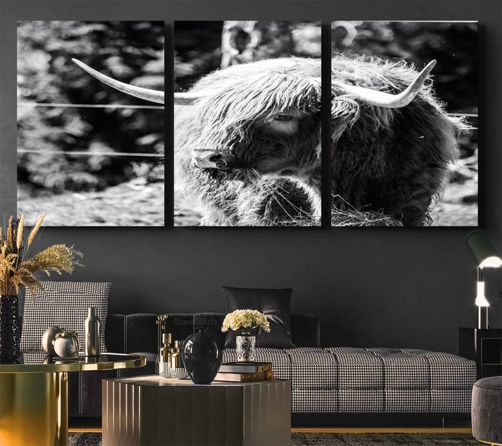 Highland Cow Canvas Wall Art – Black and White Minimalist Triptych – Rustic Farmhouse Decor for Living Room or Office – Ready to Hang