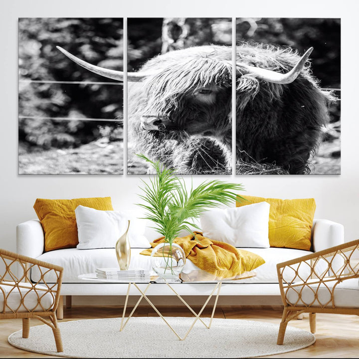 Highland Cow Canvas Wall Art – Black and White Minimalist Triptych – Rustic Farmhouse Decor for Living Room or Office – Ready to Hang