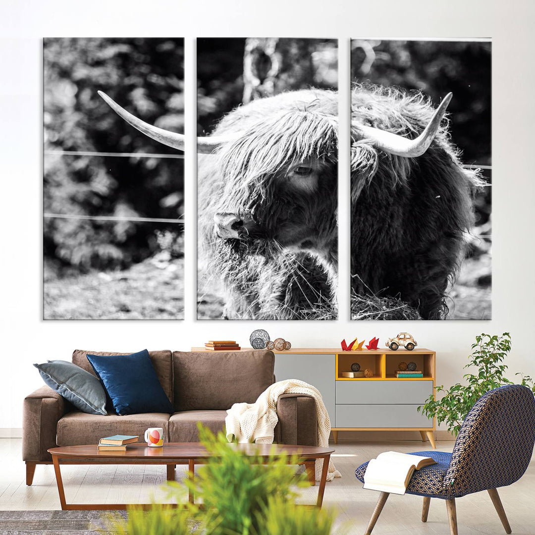 Highland Cow Canvas Wall Art – Black and White Minimalist Triptych – Rustic Farmhouse Decor for Living Room or Office – Ready to Hang