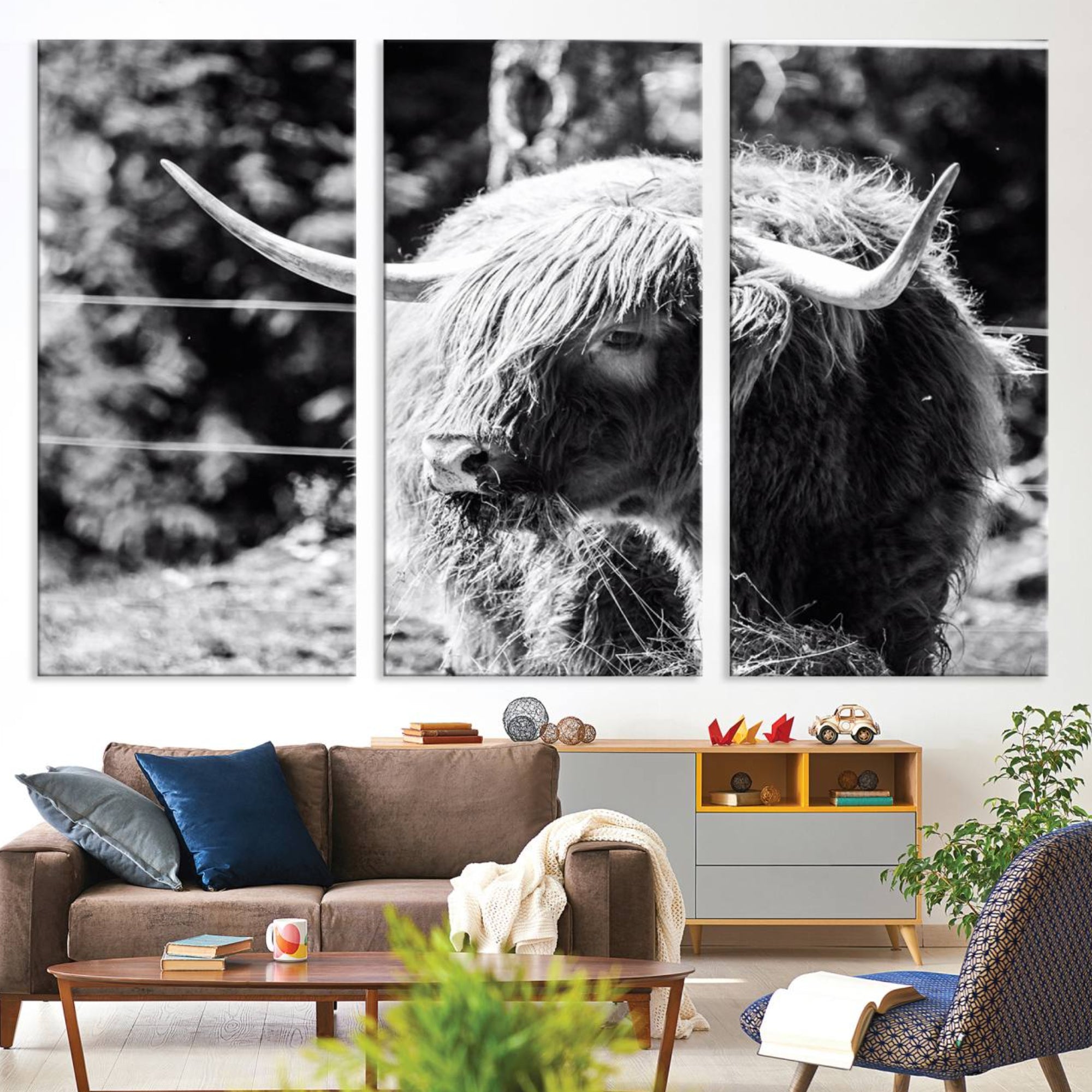 78906-MGV-CV-36X24-Highland Cow Canvas Wall Art – Black and White Minimalist Triptych – Rustic Farmhouse Decor for