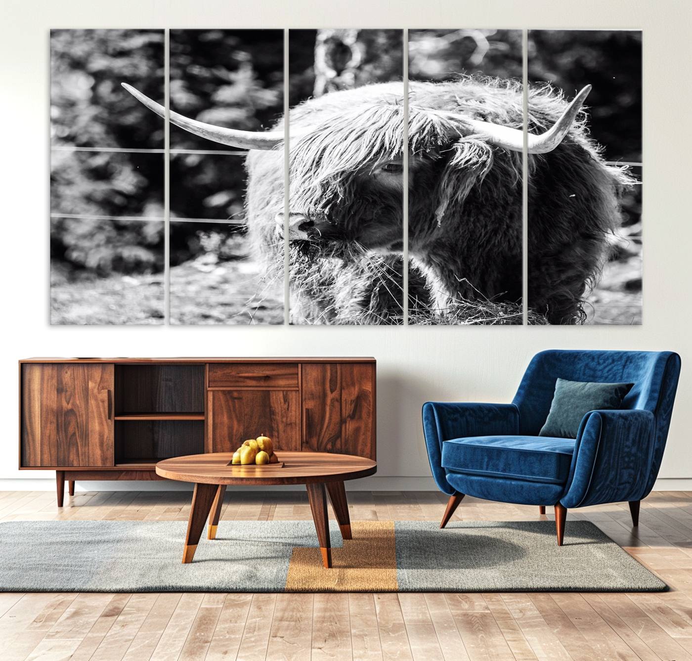78906-MGV-CV-36X24-Highland Cow Canvas Wall Art – Black and White Minimalist Triptych – Rustic Farmhouse Decor for