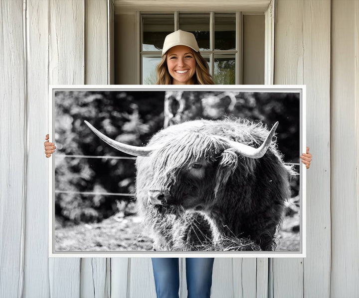 78906-MGV-CV-36X24-Highland Cow Canvas Wall Art – Black and White Minimalist Triptych – Rustic Farmhouse Decor for Living Room or Office – Ready to Hang