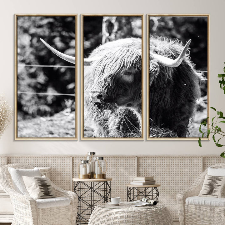 78906-MGV-CV-36X24-Highland Cow Canvas Wall Art – Black and White Minimalist Triptych – Rustic Farmhouse Decor for Living Room or Office – Ready to Hang