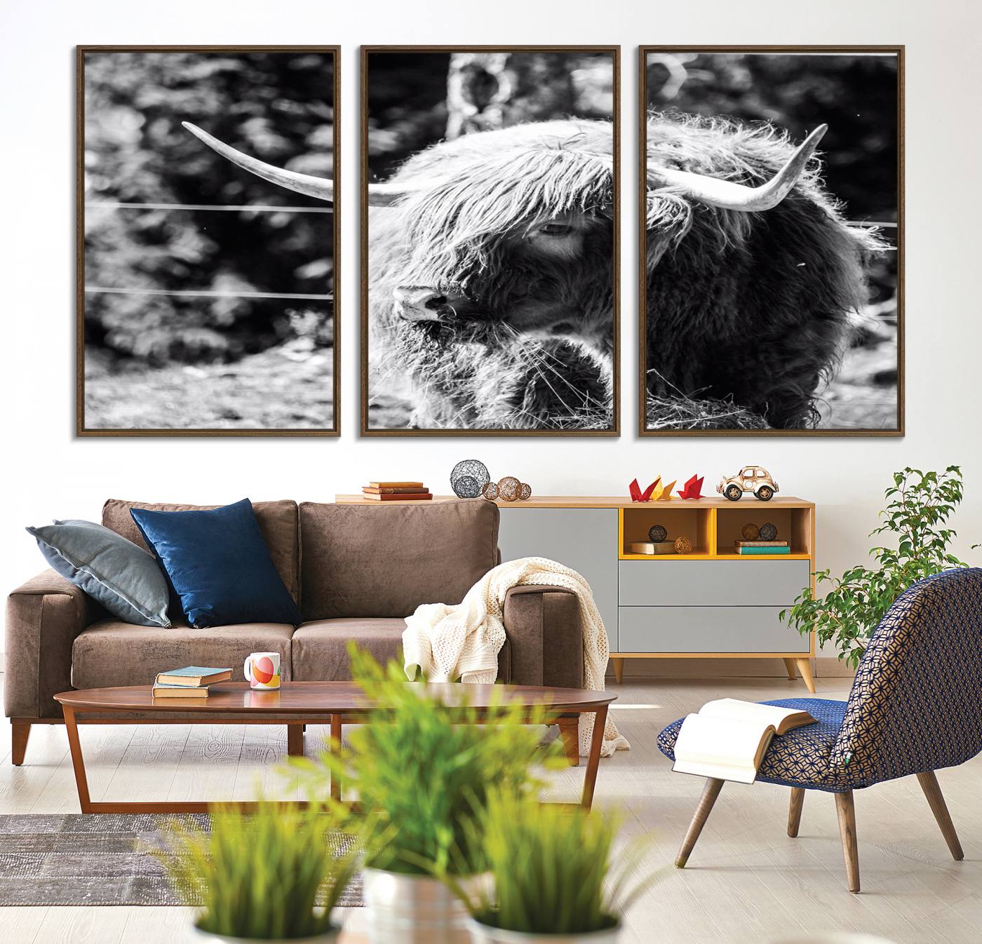 78906-MGV-CV-36X24-Highland Cow Canvas Wall Art – Black and White Minimalist Triptych – Rustic Farmhouse Decor for