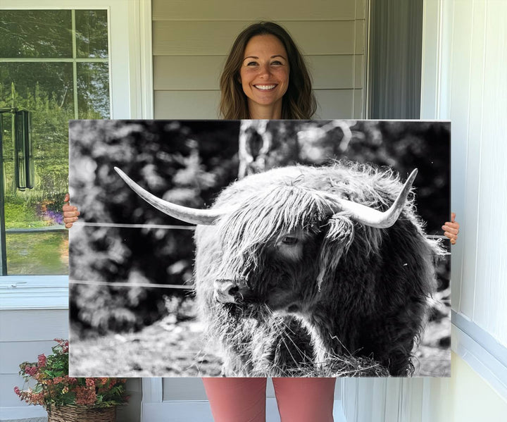Highland Cow Canvas Wall Art – Black and White Minimalist Triptych – Rustic Farmhouse Decor for Living Room or Office – Ready to Hang