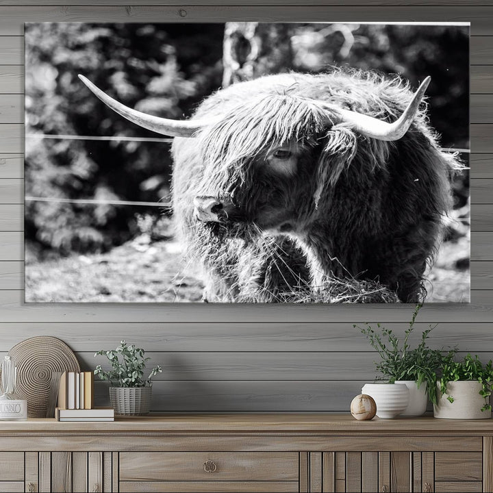 Highland Cow Canvas Wall Art – Black and White Minimalist Triptych – Rustic Farmhouse Decor for Living Room or Office – Ready to Hang