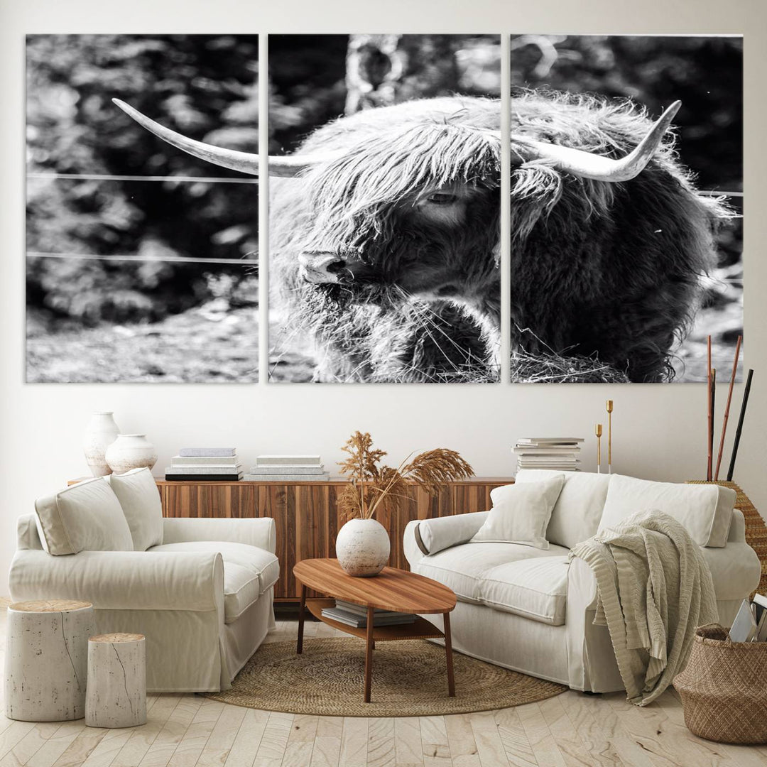 Highland Cow Canvas Wall Art – Black and White Minimalist Triptych – Rustic Farmhouse Decor for Living Room or Office – Ready to Hang