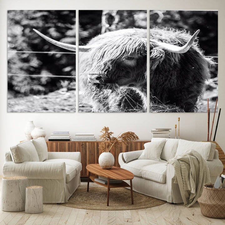 Highland Cow Canvas Wall Art – Black and White Minimalist Triptych – Rustic Farmhouse Decor for Living Room or Office – Ready to Hang
