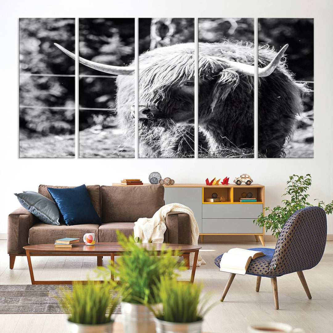 Highland Cow Canvas Wall Art – Black and White Minimalist Triptych – Rustic Farmhouse Decor for Living Room or Office – Ready to Hang
