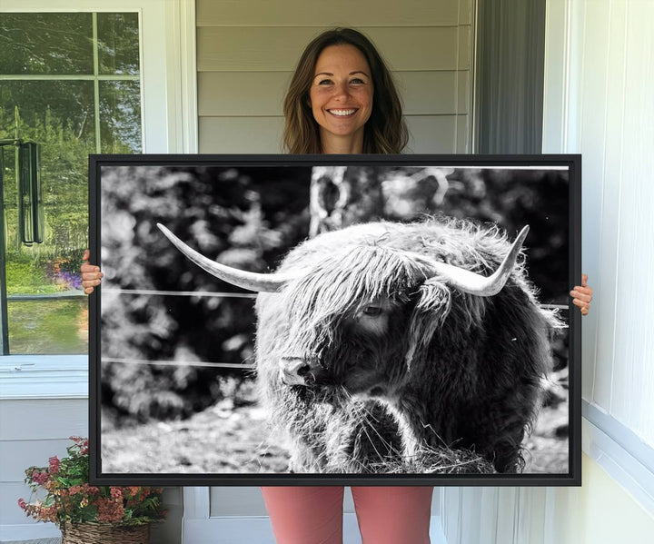 Highland Cow Canvas Wall Art – Black and White Minimalist Triptych – Rustic Farmhouse Decor for Living Room or Office – Ready to Hang