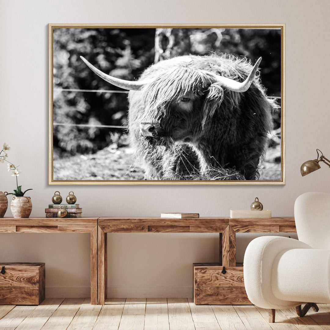 Highland Cow Canvas Wall Art – Black and White Minimalist Triptych – Rustic Farmhouse Decor for Living Room or Office – Ready to Hang