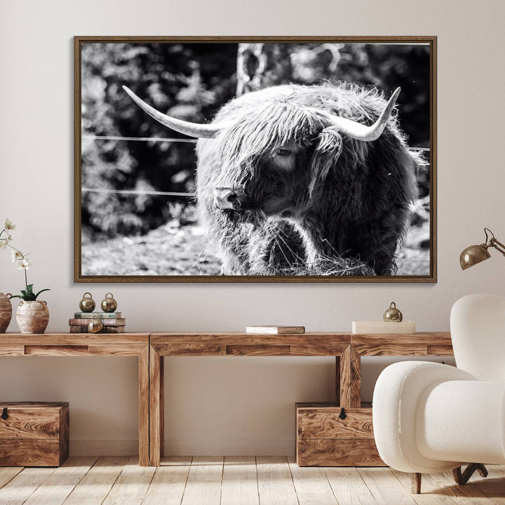 Highland Cow Canvas Wall Art – Black and White Minimalist Triptych – Rustic Farmhouse Decor for Living Room or Office – Ready to Hang