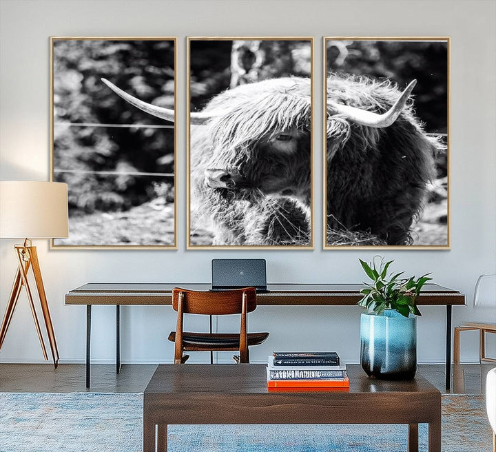 78906-MGV-FC-48X32-3P_Natural-Highland Cow Canvas Wall Art – Black and White Minimalist Triptych – Rustic Farmhouse Decor for Living Room or Office – Ready to Hang