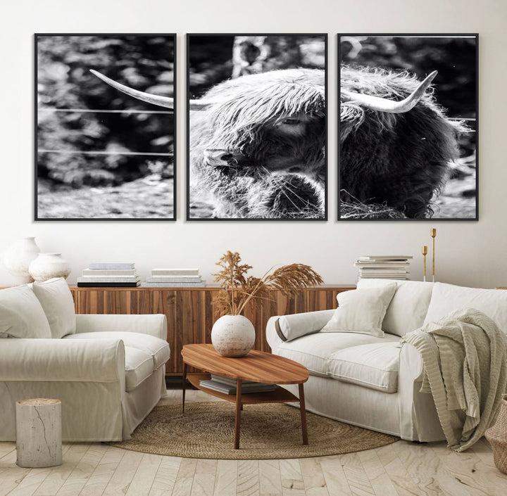 78906-MGV-FC-60X30-3P_Black-Highland Cow Canvas Wall Art – Black and White Minimalist Triptych – Rustic Farmhouse Decor for Living Room or Office – Ready to Hang
