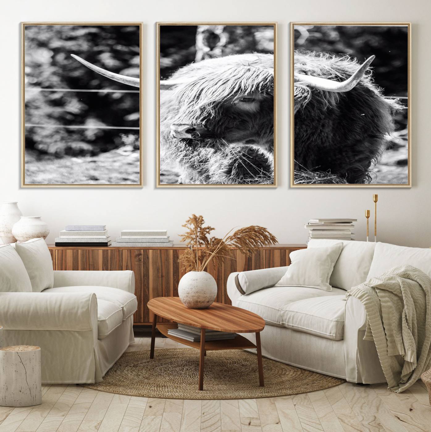 78906-MGV-FC-60X30-3P_Natural-Highland Cow Canvas Wall Art – Black and White Minimalist Triptych – Rustic Farmhouse Decor for