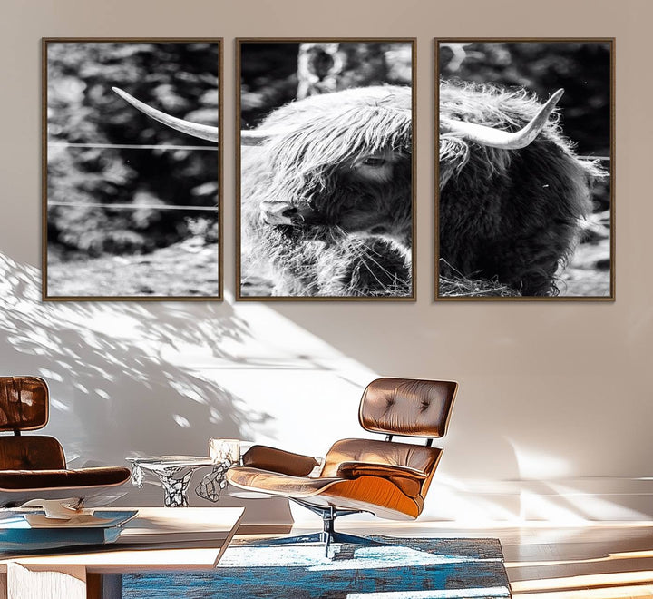 78906-MGV-FC-60X30-3P_Walnut-Highland Cow Canvas Wall Art – Black and White Minimalist Triptych – Rustic Farmhouse Decor for Living Room or Office – Ready to Hang