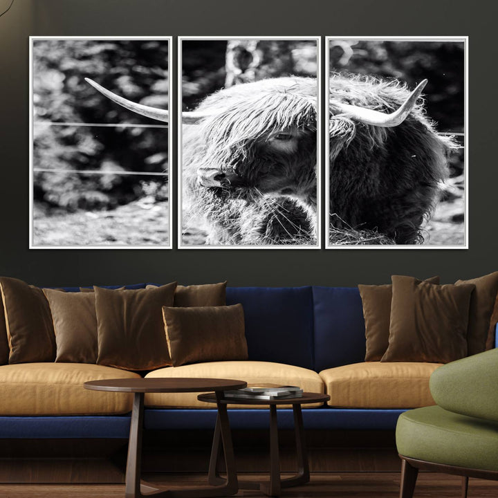 78906-MGV-FC-60X30-3P_White-Highland Cow Canvas Wall Art – Black and White Minimalist Triptych – Rustic Farmhouse Decor for Living Room or Office – Ready to Hang