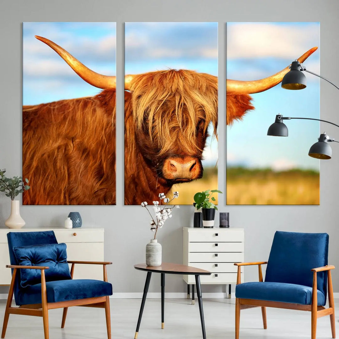 A triptych of Highland Cow Canvas Wall Art Print Cattle Art, featuring a shaggy-haired highland cow with long horns, elegantly adorns the space. Each museum-quality canvas piece is professionally hand-assembled and includes a UV-protective coating to maintain its vibrant colors over time.