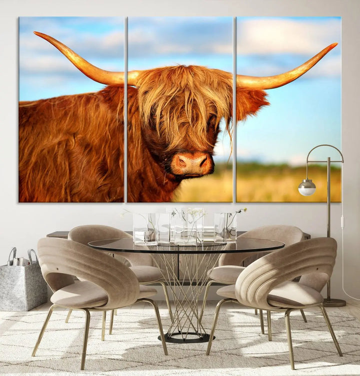 A triptych of Highland Cow Canvas Wall Art Print Cattle Art, featuring a shaggy-haired highland cow with long horns, elegantly adorns the space. Each museum-quality canvas piece is professionally hand-assembled and includes a UV-protective coating to maintain its vibrant colors over time.