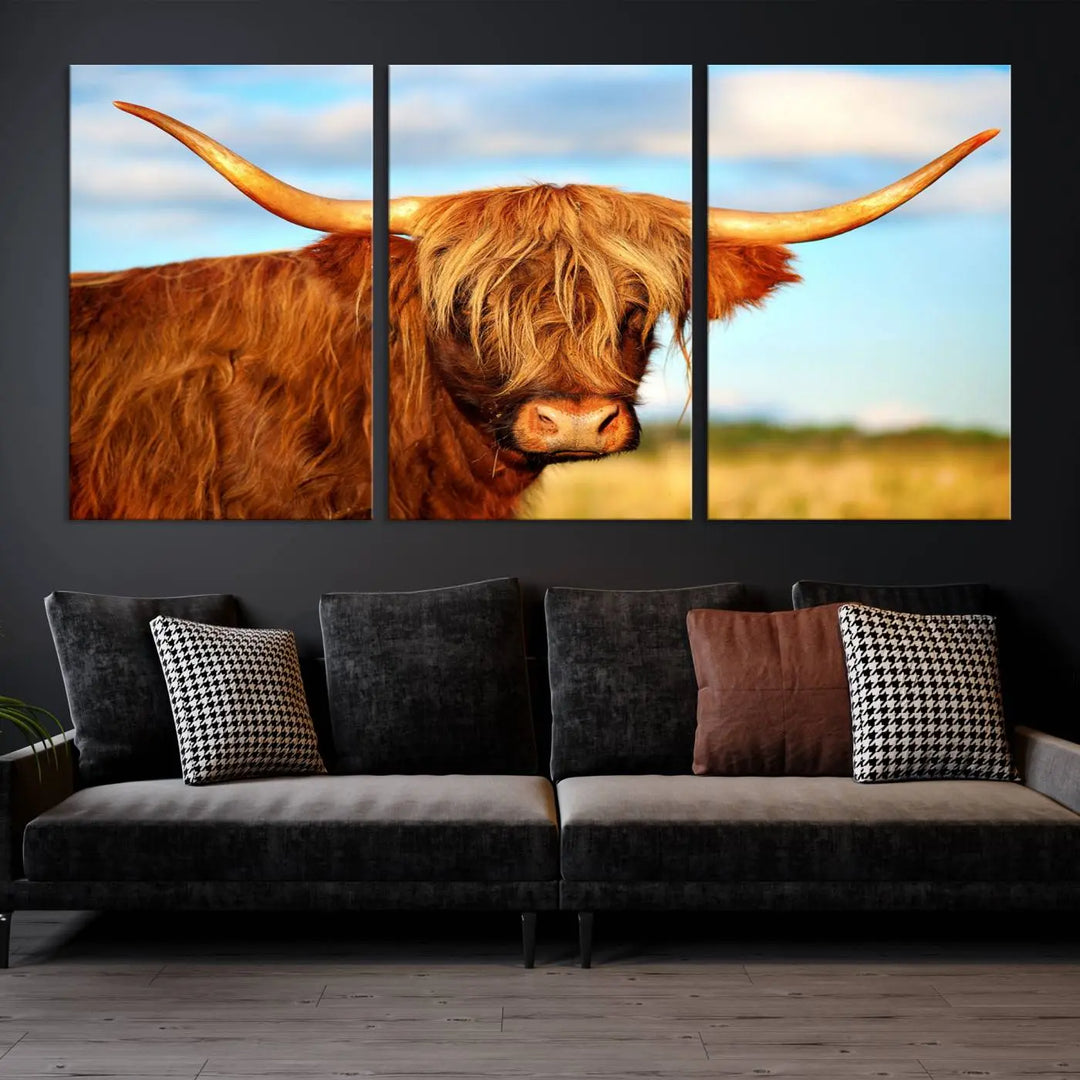 A triptych of Highland Cow Canvas Wall Art Print Cattle Art, featuring a shaggy-haired highland cow with long horns, elegantly adorns the space. Each museum-quality canvas piece is professionally hand-assembled and includes a UV-protective coating to maintain its vibrant colors over time.