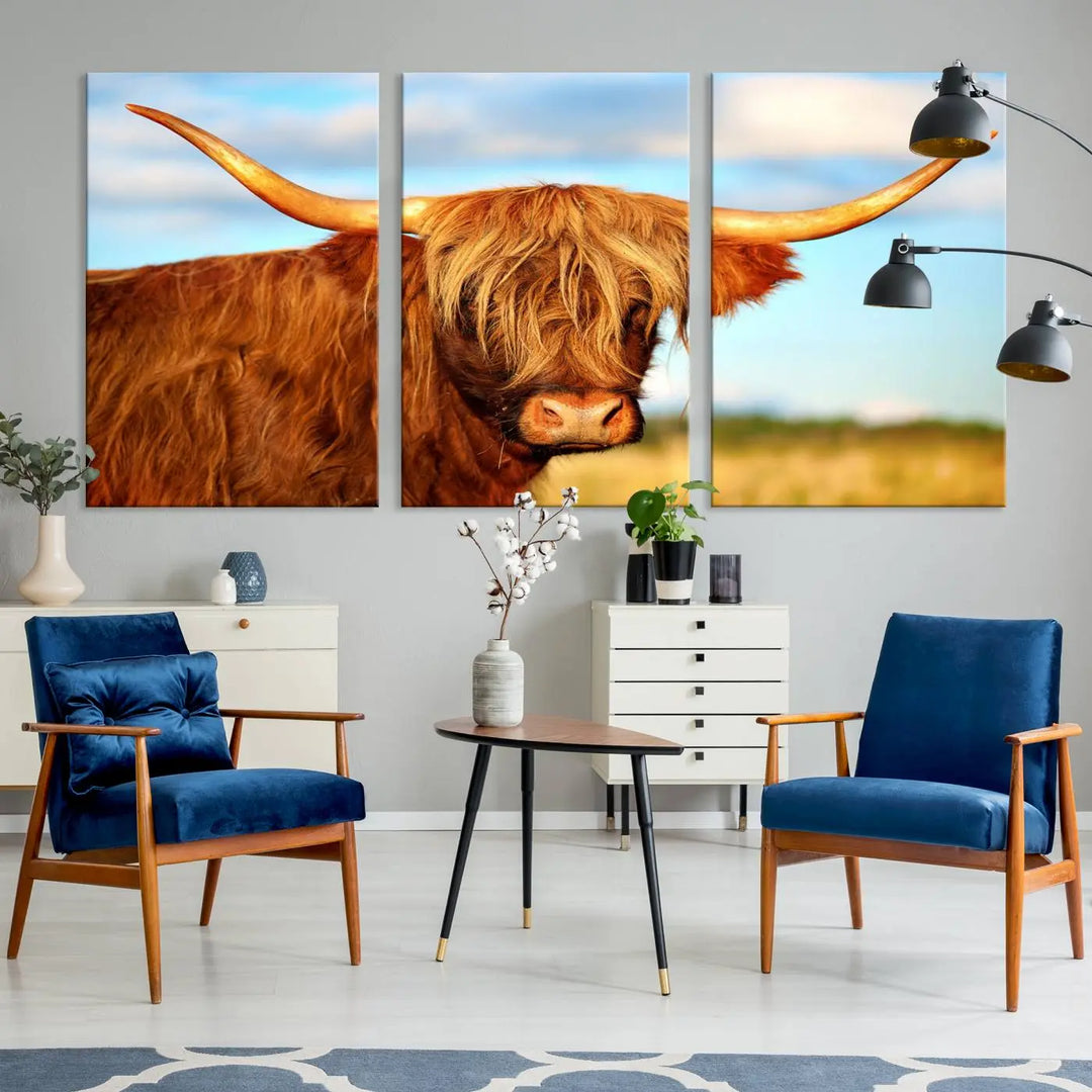 A triptych of Highland Cow Canvas Wall Art Print Cattle Art, featuring a shaggy-haired highland cow with long horns, elegantly adorns the space. Each museum-quality canvas piece is professionally hand-assembled and includes a UV-protective coating to maintain its vibrant colors over time.