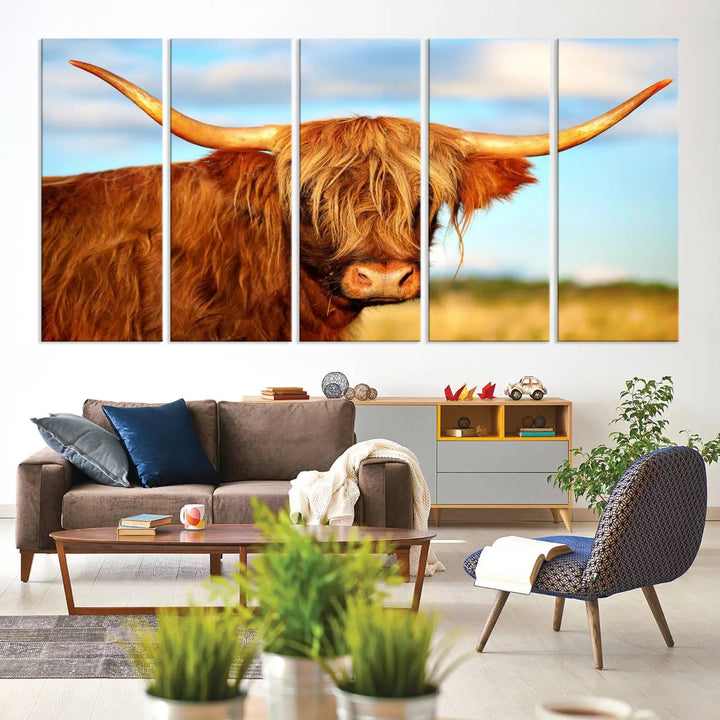 A triptych of Highland Cow Canvas Wall Art Print Cattle Art, featuring a shaggy-haired highland cow with long horns, elegantly adorns the space. Each museum-quality canvas piece is professionally hand-assembled and includes a UV-protective coating to maintain its vibrant colors over time.