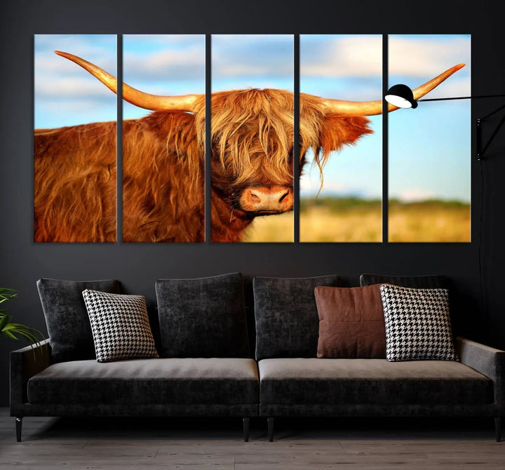 A triptych of Highland Cow Canvas Wall Art Print Cattle Art, featuring a shaggy-haired highland cow with long horns, elegantly adorns the space. Each museum-quality canvas piece is professionally hand-assembled and includes a UV-protective coating to maintain its vibrant colors over time.