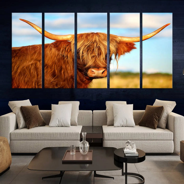 A triptych of Highland Cow Canvas Wall Art Print Cattle Art, featuring a shaggy-haired highland cow with long horns, elegantly adorns the space. Each museum-quality canvas piece is professionally hand-assembled and includes a UV-protective coating to maintain its vibrant colors over time.