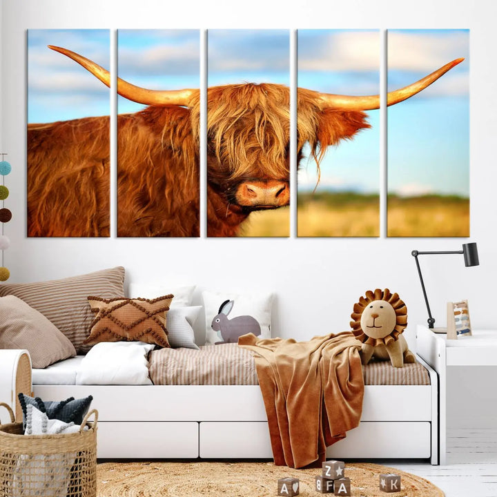 A triptych of Highland Cow Canvas Wall Art Print Cattle Art, featuring a shaggy-haired highland cow with long horns, elegantly adorns the space. Each museum-quality canvas piece is professionally hand-assembled and includes a UV-protective coating to maintain its vibrant colors over time.