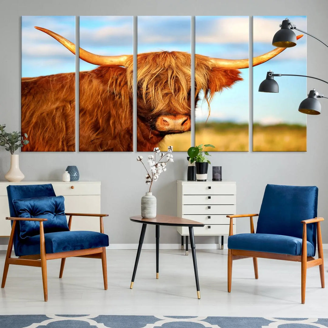 A triptych of Highland Cow Canvas Wall Art Print Cattle Art, featuring a shaggy-haired highland cow with long horns, elegantly adorns the space. Each museum-quality canvas piece is professionally hand-assembled and includes a UV-protective coating to maintain its vibrant colors over time.