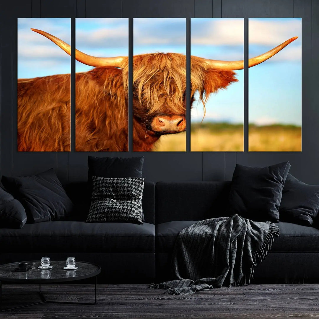 A triptych of Highland Cow Canvas Wall Art Print Cattle Art, featuring a shaggy-haired highland cow with long horns, elegantly adorns the space. Each museum-quality canvas piece is professionally hand-assembled and includes a UV-protective coating to maintain its vibrant colors over time.