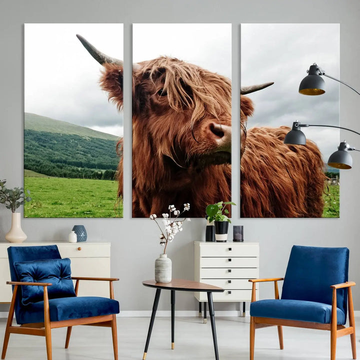 This tranquil "Highland Cow Canvas Wall Art Print" is crafted on museum-quality canvas with a UV-protective coating. Gallery wrapped, it adds beauty on its own.