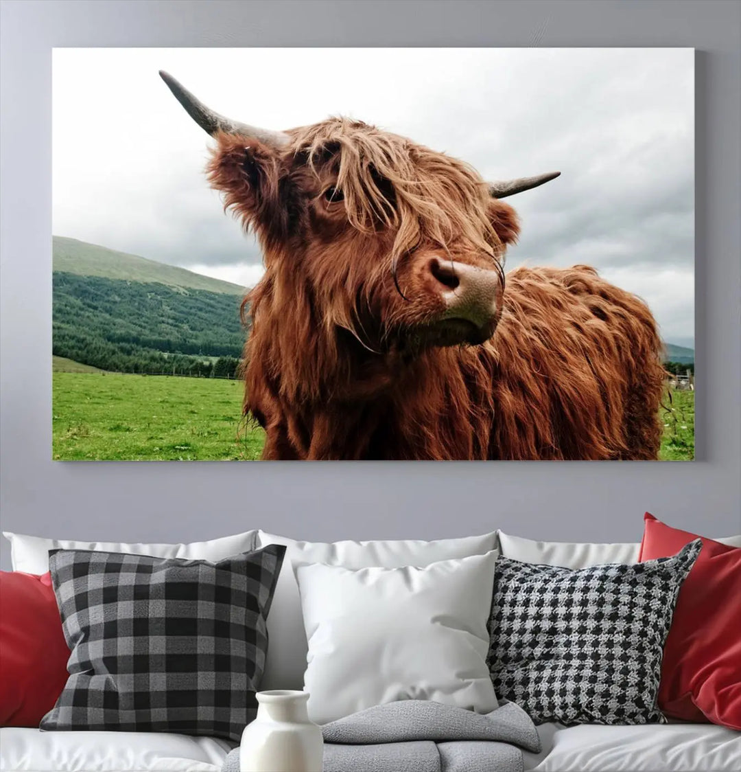 This tranquil "Highland Cow Canvas Wall Art Print" is crafted on museum-quality canvas with a UV-protective coating. Gallery wrapped, it adds beauty on its own.