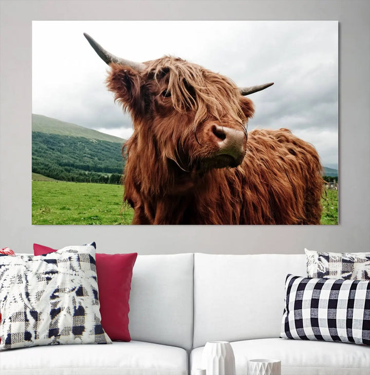 This tranquil "Highland Cow Canvas Wall Art Print" is crafted on museum-quality canvas with a UV-protective coating. Gallery wrapped, it adds beauty on its own.