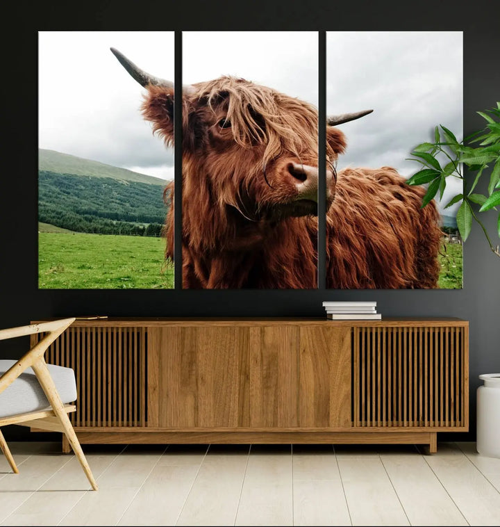 This tranquil "Highland Cow Canvas Wall Art Print" is crafted on museum-quality canvas with a UV-protective coating. Gallery wrapped, it adds beauty on its own.