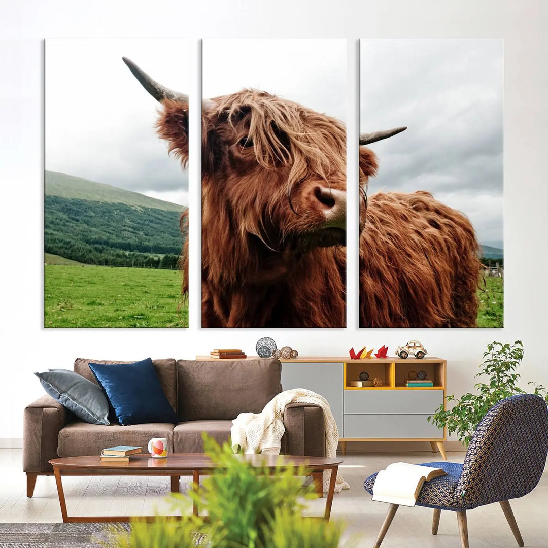 This tranquil "Highland Cow Canvas Wall Art Print" is crafted on museum-quality canvas with a UV-protective coating. Gallery wrapped, it adds beauty on its own.