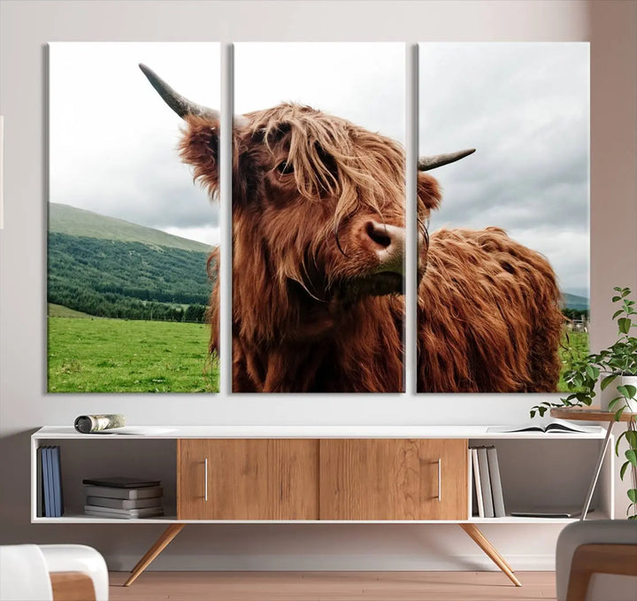 This tranquil "Highland Cow Canvas Wall Art Print" is crafted on museum-quality canvas with a UV-protective coating. Gallery wrapped, it adds beauty on its own.