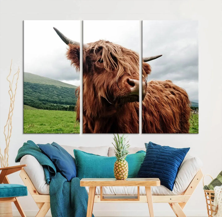 This tranquil "Highland Cow Canvas Wall Art Print" is crafted on museum-quality canvas with a UV-protective coating. Gallery wrapped, it adds beauty on its own.