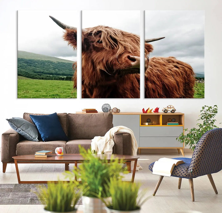 This tranquil "Highland Cow Canvas Wall Art Print" is crafted on museum-quality canvas with a UV-protective coating. Gallery wrapped, it adds beauty on its own.