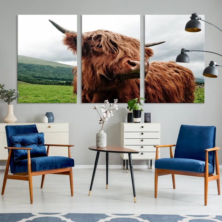 This tranquil "Highland Cow Canvas Wall Art Print" is crafted on museum-quality canvas with a UV-protective coating. Gallery wrapped, it adds beauty on its own.