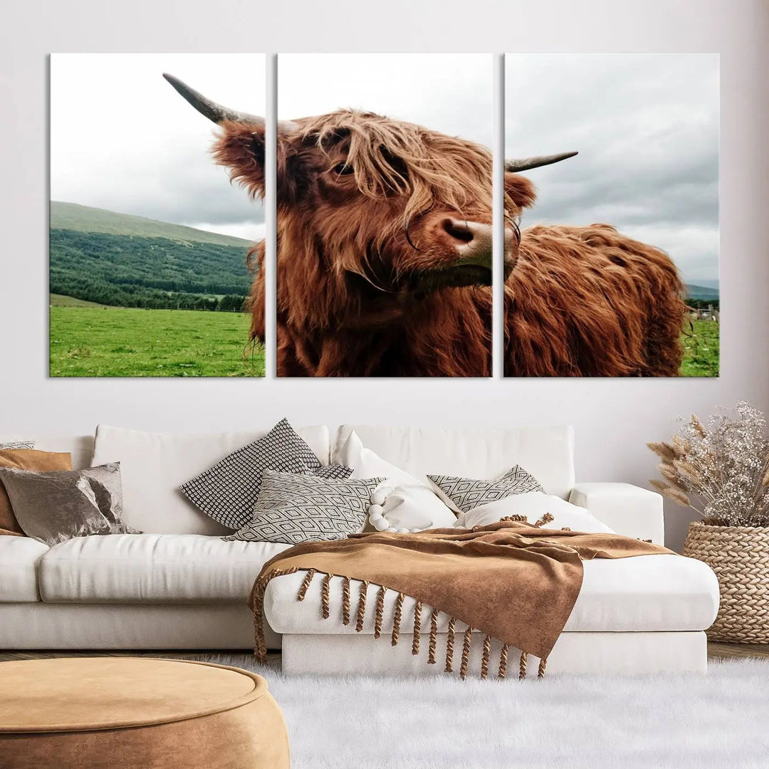 This tranquil "Highland Cow Canvas Wall Art Print" is crafted on museum-quality canvas with a UV-protective coating. Gallery wrapped, it adds beauty on its own.