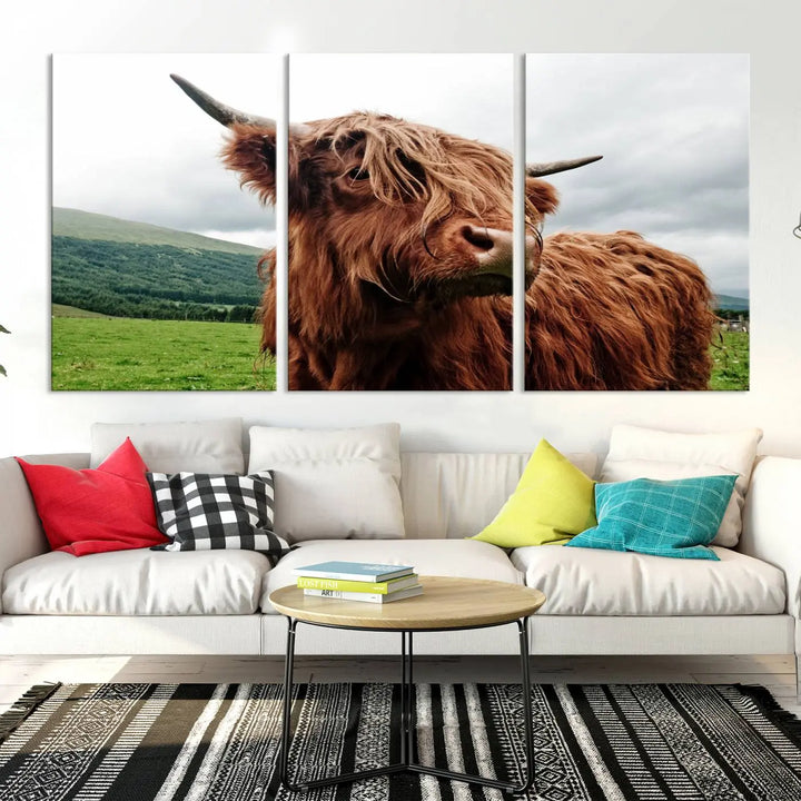 This tranquil "Highland Cow Canvas Wall Art Print" is crafted on museum-quality canvas with a UV-protective coating. Gallery wrapped, it adds beauty on its own.