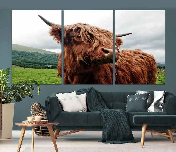 This tranquil "Highland Cow Canvas Wall Art Print" is crafted on museum-quality canvas with a UV-protective coating. Gallery wrapped, it adds beauty on its own.