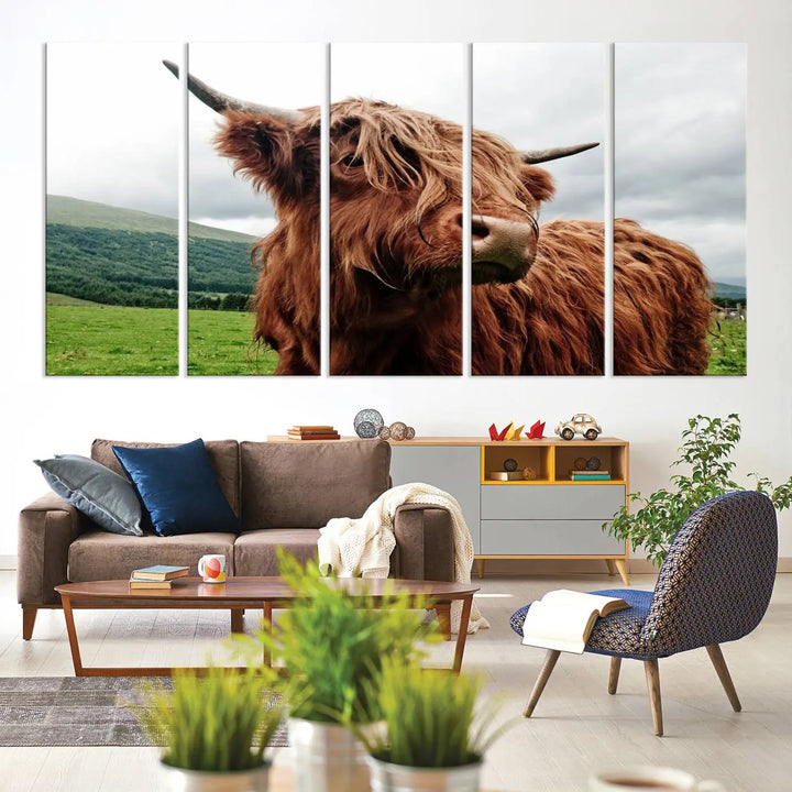 This tranquil "Highland Cow Canvas Wall Art Print" is crafted on museum-quality canvas with a UV-protective coating. Gallery wrapped, it adds beauty on its own.