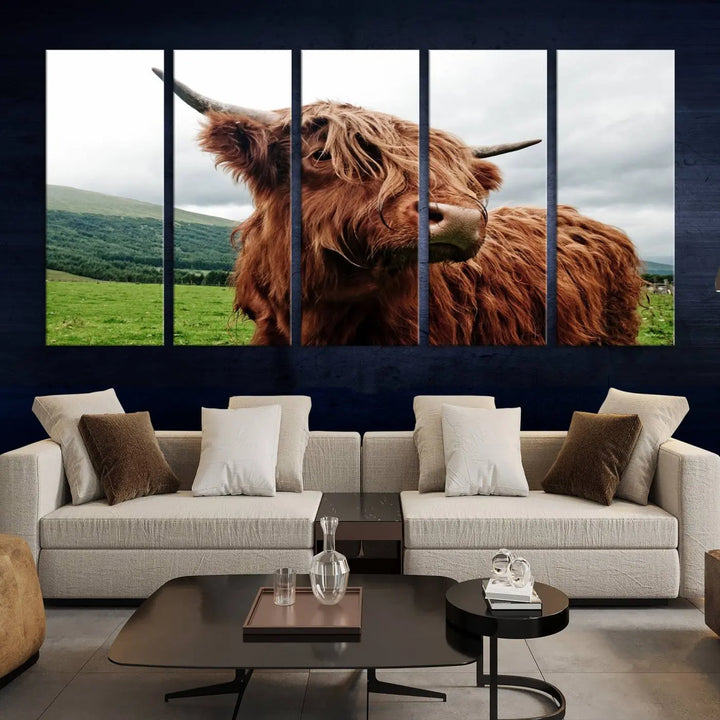 This tranquil "Highland Cow Canvas Wall Art Print" is crafted on museum-quality canvas with a UV-protective coating. Gallery wrapped, it adds beauty on its own.