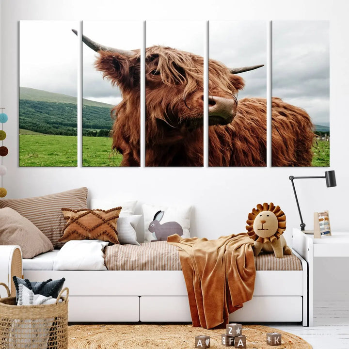 This tranquil "Highland Cow Canvas Wall Art Print" is crafted on museum-quality canvas with a UV-protective coating. Gallery wrapped, it adds beauty on its own.