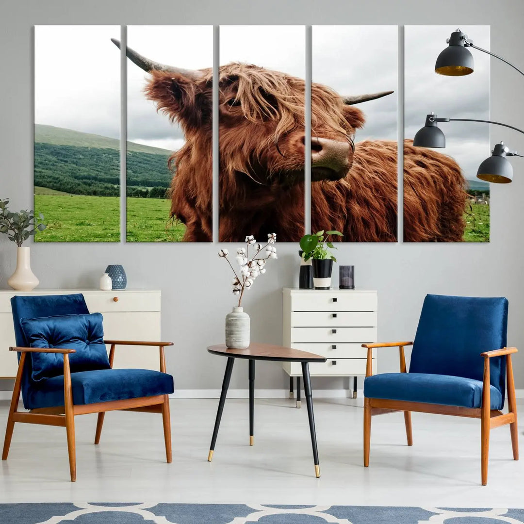 This tranquil "Highland Cow Canvas Wall Art Print" is crafted on museum-quality canvas with a UV-protective coating. Gallery wrapped, it adds beauty on its own.