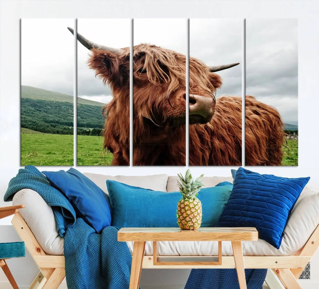 This tranquil "Highland Cow Canvas Wall Art Print" is crafted on museum-quality canvas with a UV-protective coating. Gallery wrapped, it adds beauty on its own.