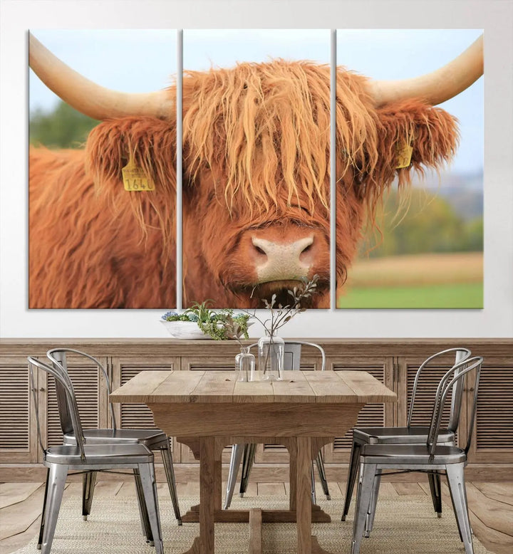 A multi-panel canvas set artwork features a close-up of a Highland cow with long horns and shaggy fur, displayed gallery-wrapped on museum-quality canvas with UV-protective coating. It hangs elegantly on a dark wall.